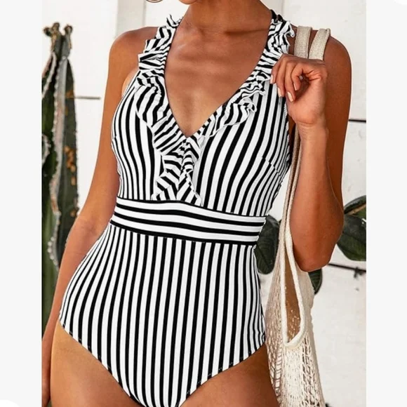 Plunge Neck One Piece‎ Swimsuit- Sized Small black and white striped ruffle neck - Picture 2 of 8